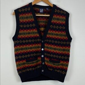 Vintage GAP Women’s Medium 100% Wool Fair Isle Button Knit Vest Navy Blue